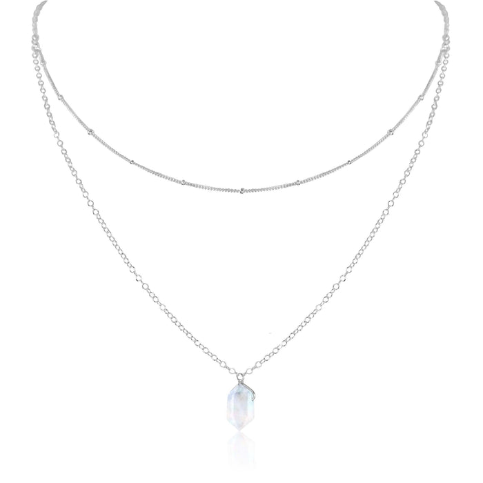 Rainbow Moonstone Double Terminated Crystal Chain Layered Choker Necklace - Rainbow Moonstone Double Terminated Crystal Chain Layered Choker Necklace - Sterling Silver - Luna Tide Handmade Crystal Jewellery