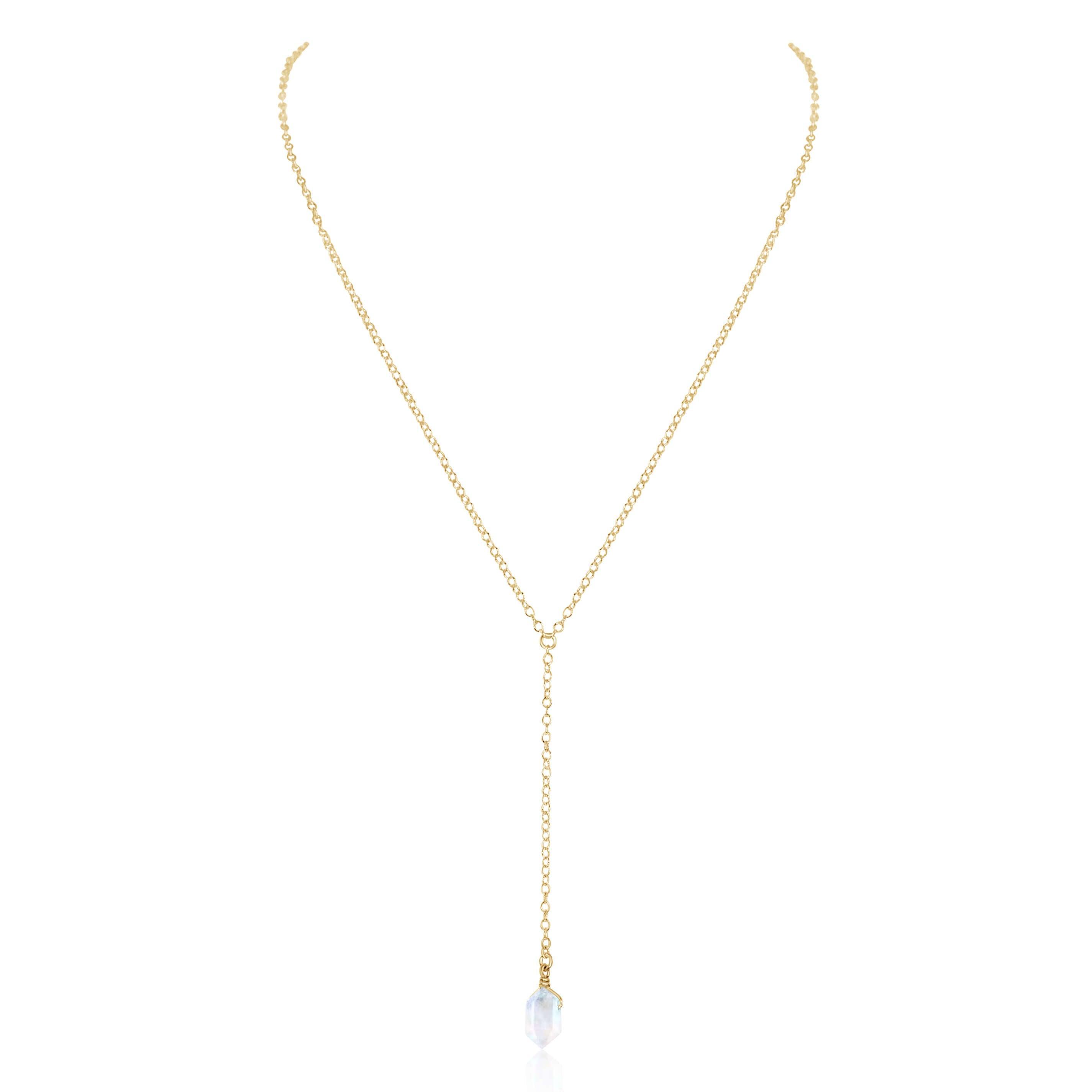 Rainbow Moonstone Double Terminated Mini Crystal Point Lariat Necklace - Rainbow Moonstone Double Terminated Mini Crystal Point Lariat Necklace - 14k Gold Fill - Luna Tide Handmade Crystal Jewellery
