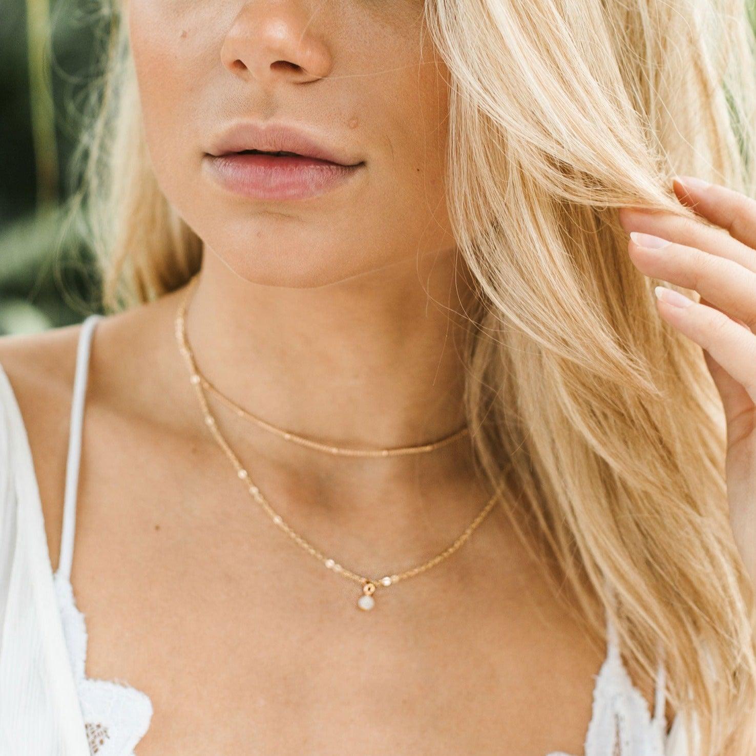 Rainbow Moonstone Gemstone Chain Layered Choker Necklace - Rainbow Moonstone Gemstone Chain Layered Choker Necklace - 14k Gold Fill - Luna Tide Handmade Crystal Jewellery