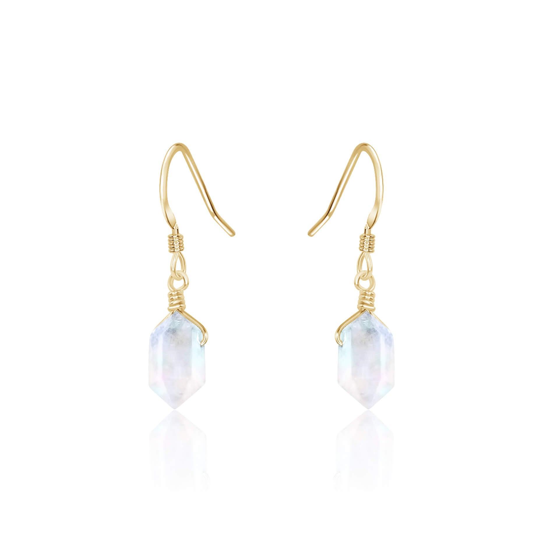 Rainbow Moonstone Mini Double Terminated Crystal Point Dangle Drop Earrings - Rainbow Moonstone Mini Double Terminated Crystal Point Dangle Drop Earrings - 14k Gold Fill - Luna Tide Handmade Crystal Jewellery