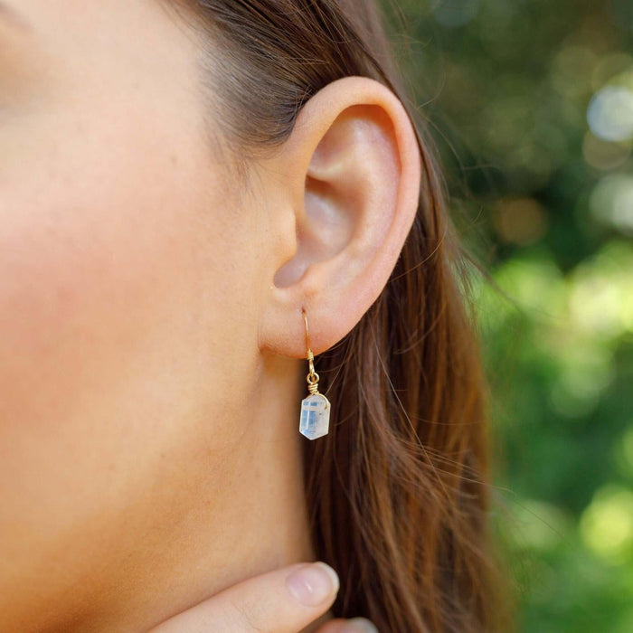 Rainbow Moonstone Mini Double Terminated Crystal Point Dangle Drop Earrings - Rainbow Moonstone Mini Double Terminated Crystal Point Dangle Drop Earrings - 14k Gold Fill - Luna Tide Handmade Crystal Jewellery