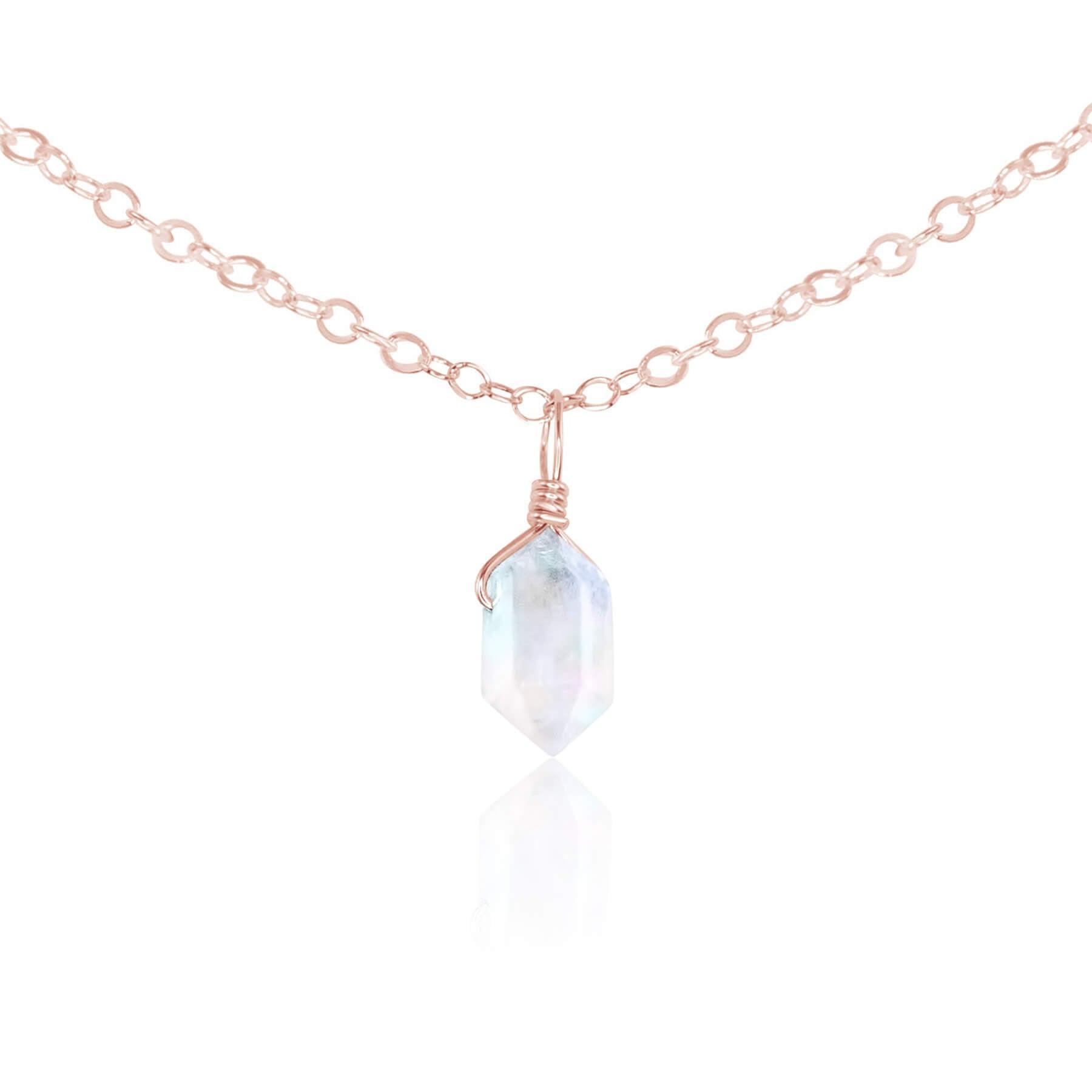 Rainbow Moonstone Mini Double Terminated Crystal Point Pendant Choker Necklace - Rainbow Moonstone Mini Double Terminated Crystal Point Pendant Choker Necklace - 14k Rose Gold Fill / Cable - Luna Tide Handmade Crystal Jewellery