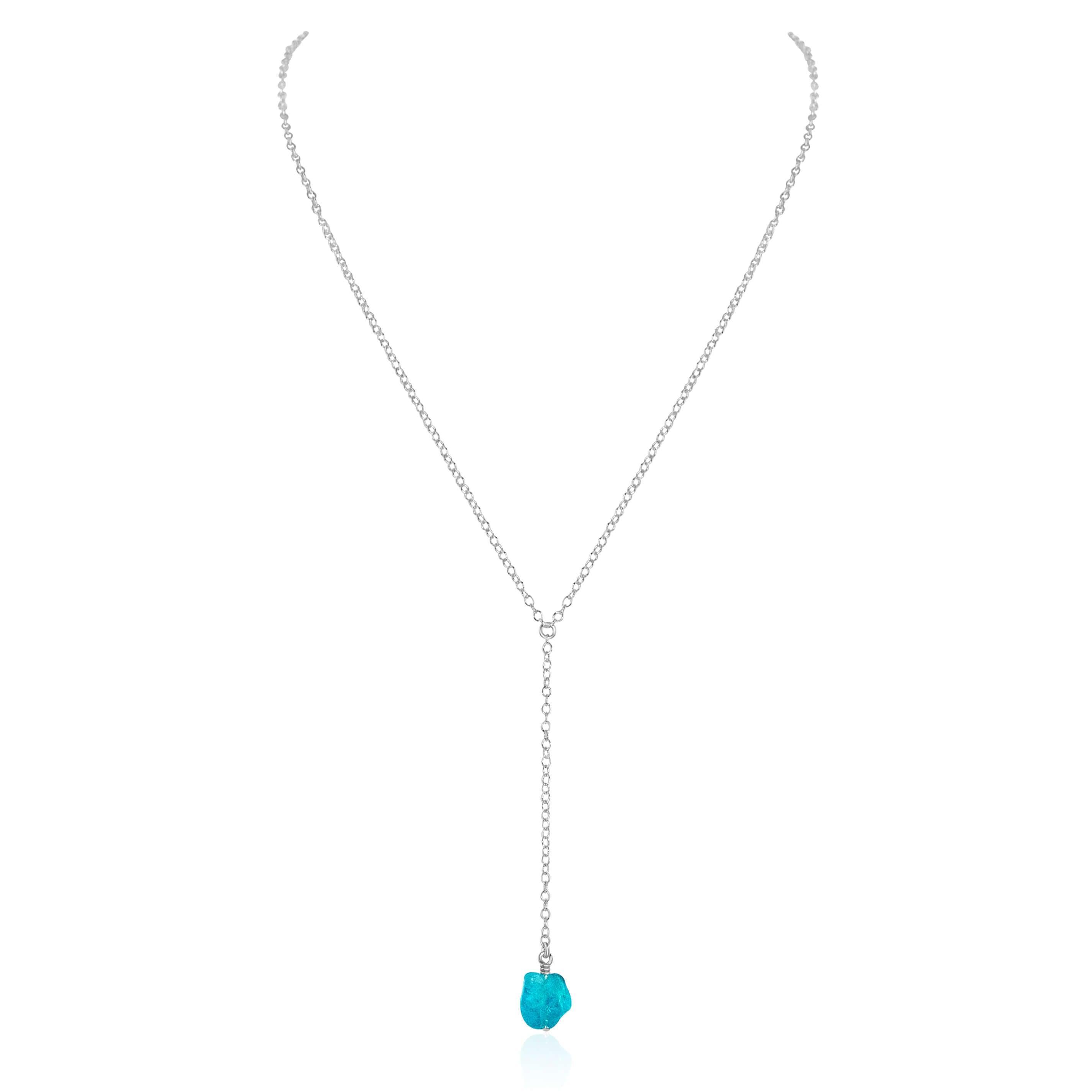 Raw Blue Apatite Crystal Lariat Necklace - Raw Blue Apatite Crystal Lariat Necklace - Sterling Silver - Luna Tide Handmade Crystal Jewellery