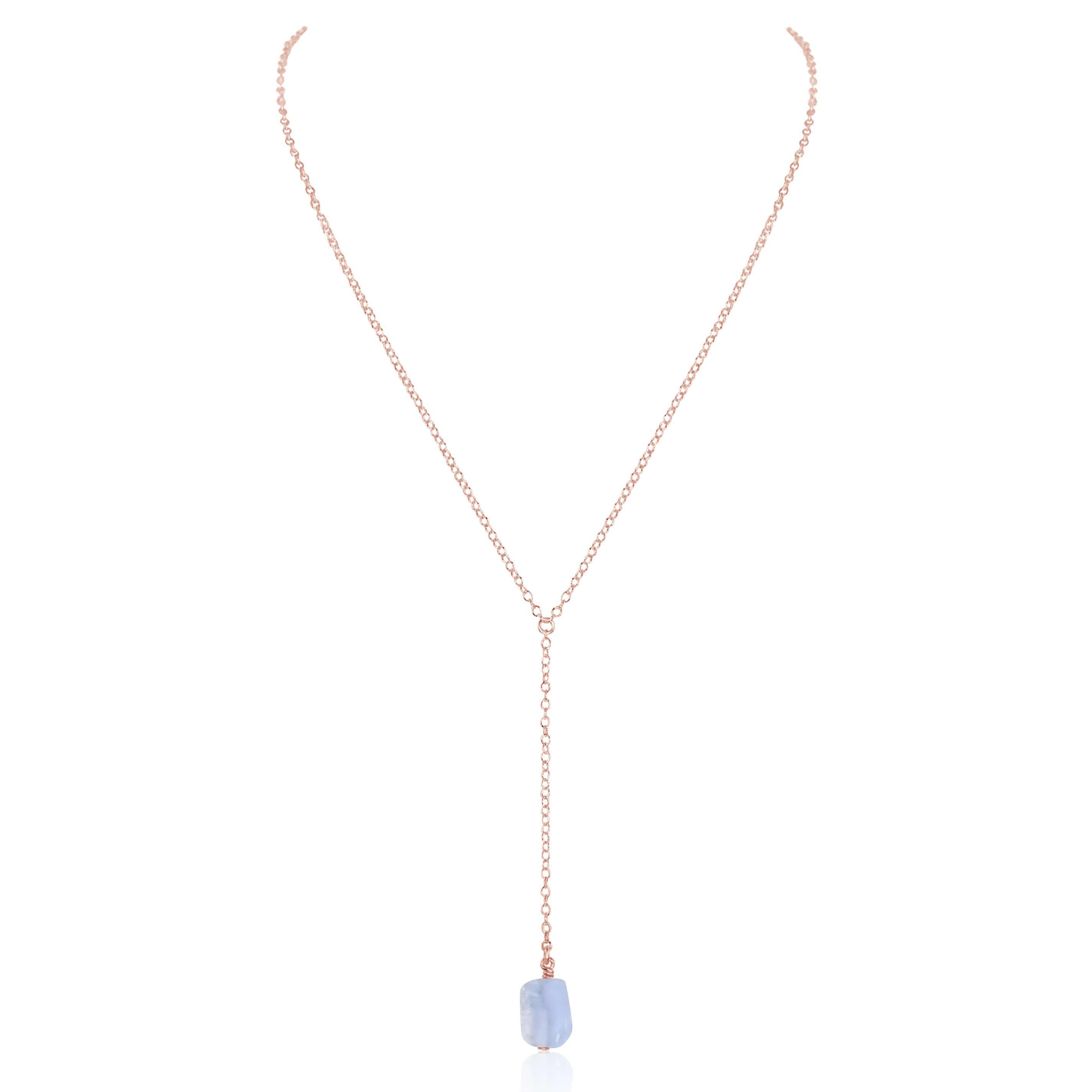 Raw Blue Lace Agate Crystal Lariat Necklace - Raw Blue Lace Agate Crystal Lariat Necklace - 14k Rose Gold Fill - Luna Tide Handmade Crystal Jewellery