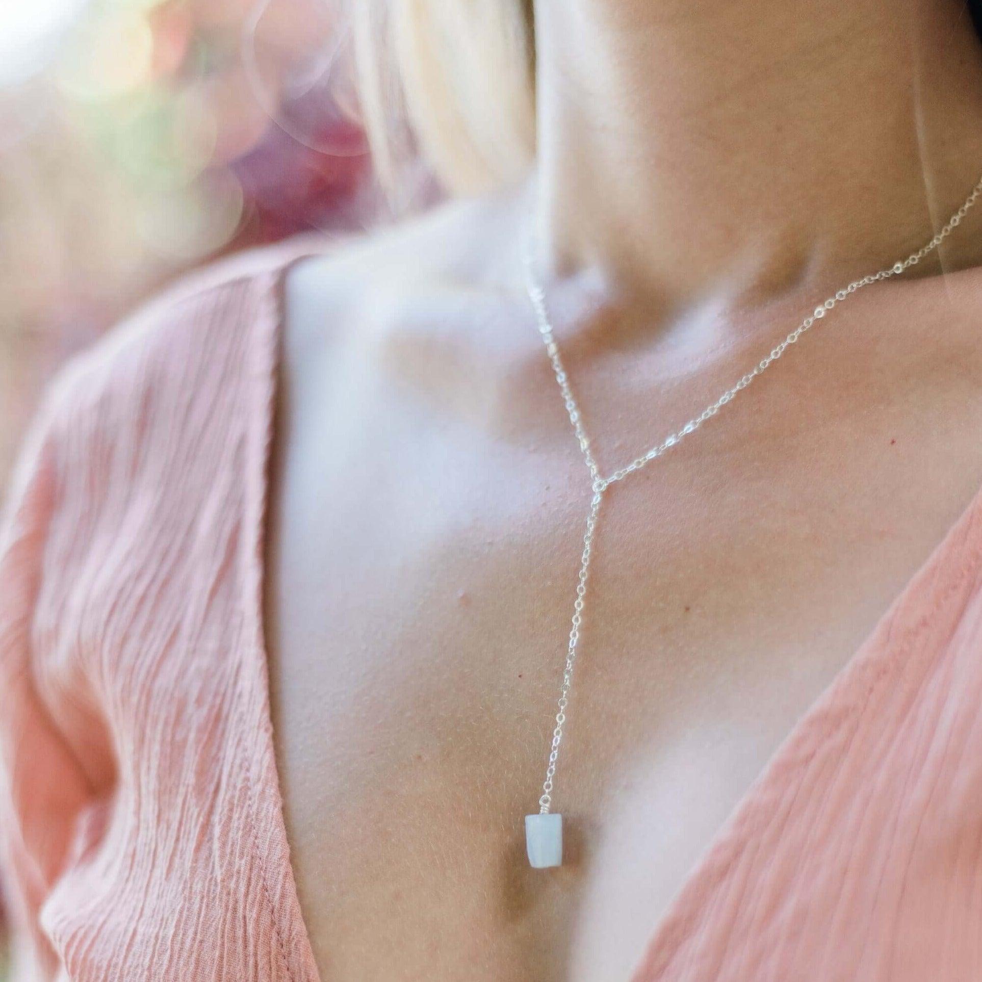 Raw Blue Lace Agate Crystal Lariat Necklace - Raw Blue Lace Agate Crystal Lariat Necklace - Sterling Silver - Luna Tide Handmade Crystal Jewellery