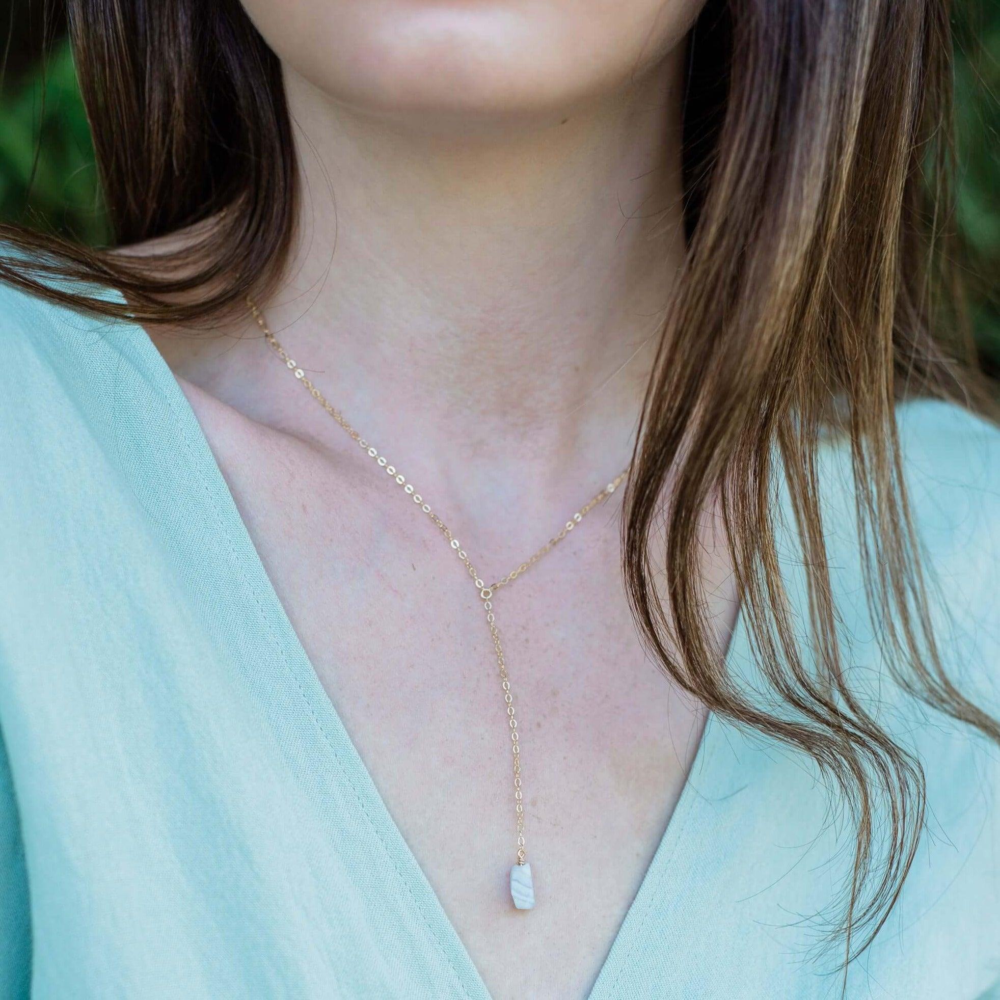 Raw Blue Lace Agate Crystal Lariat Necklace - Raw Blue Lace Agate Crystal Lariat Necklace - Sterling Silver - Luna Tide Handmade Crystal Jewellery