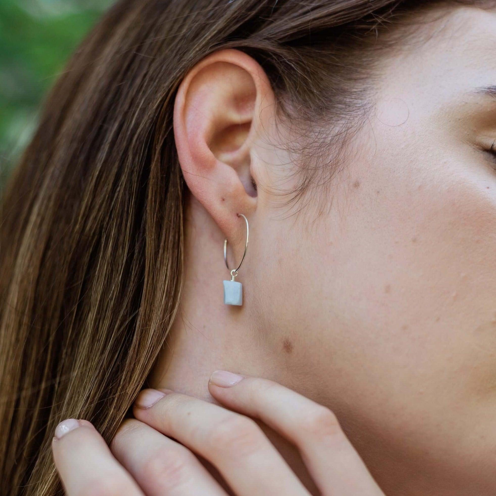 Raw Blue Lace Agate Gemstone Dangle Hoop Earrings - Raw Blue Lace Agate Gemstone Dangle Hoop Earrings - 14k Gold Fill - Luna Tide Handmade Crystal Jewellery