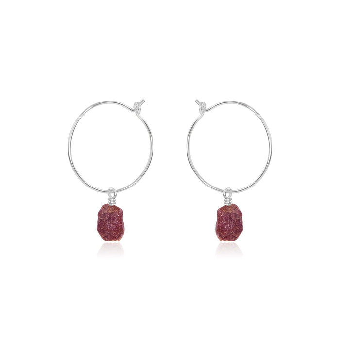 Raw Earth Red Ruby Gemstone Dangle Hoop Earrings - Raw Earth Red Ruby Gemstone Dangle Hoop Earrings - Sterling Silver - Luna Tide Handmade Crystal Jewellery