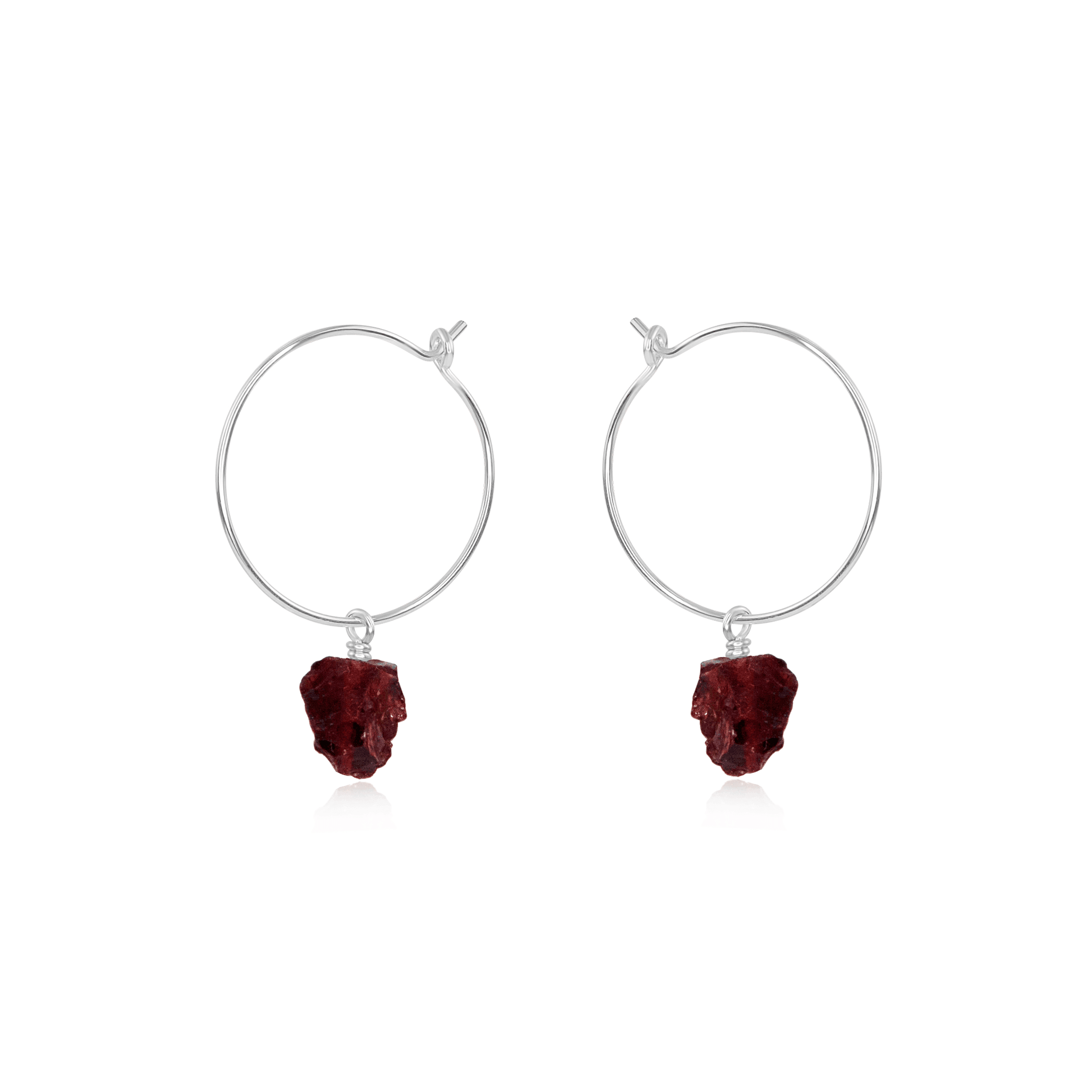 Raw Garnet Gemstone Dangle Hoop Earrings - Raw Garnet Gemstone Dangle Hoop Earrings - Sterling Silver - Luna Tide Handmade Crystal Jewellery