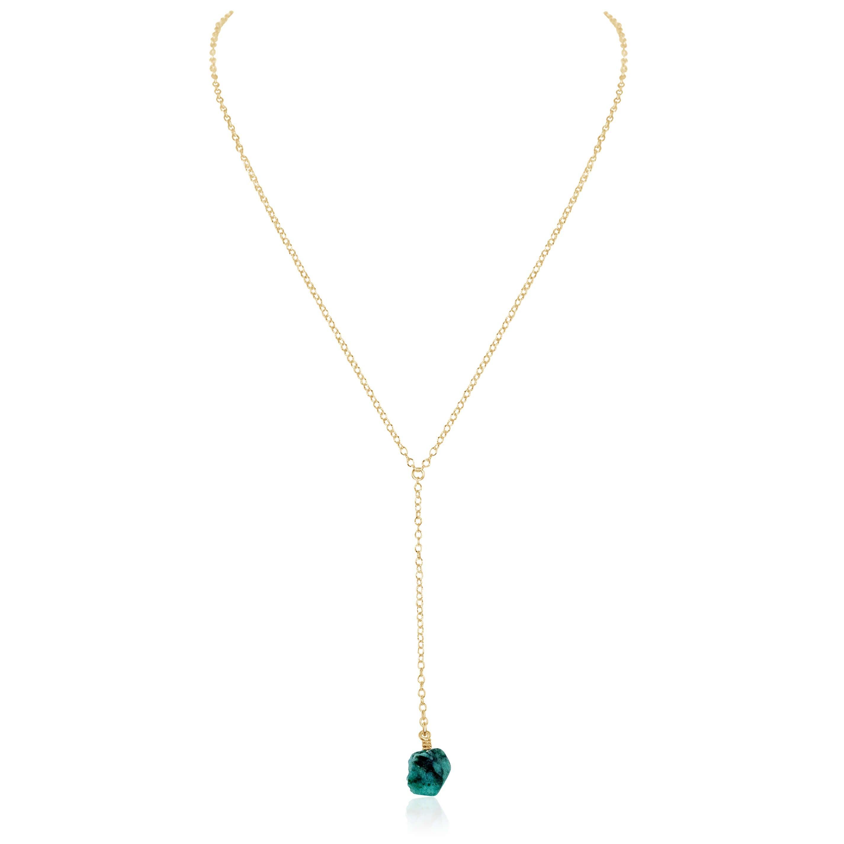 Raw Green Emerald Crystal Lariat Necklace - Raw Green Emerald Crystal Lariat Necklace - 14k Gold Fill - Luna Tide Handmade Crystal Jewellery