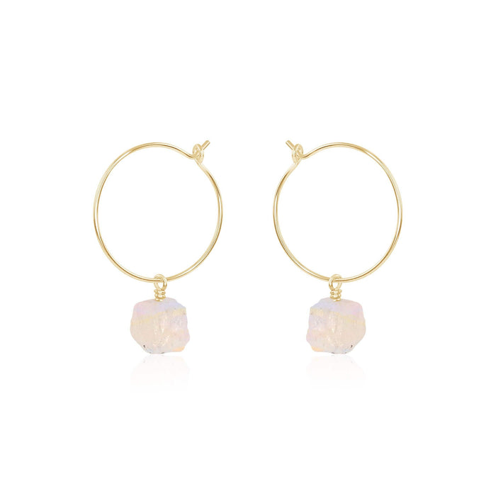 Raw Rainbow Moonstone Gemstone Dangle Hoop Earrings - Raw Rainbow Moonstone Gemstone Dangle Hoop Earrings - 14k Gold Fill - Luna Tide Handmade Crystal Jewellery