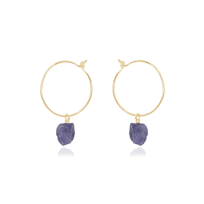 Raw Tanzanite Gemstone Dangle Hoop Earrings - Raw Tanzanite Gemstone Dangle Hoop Earrings - 14k Gold Fill - Luna Tide Handmade Crystal Jewellery