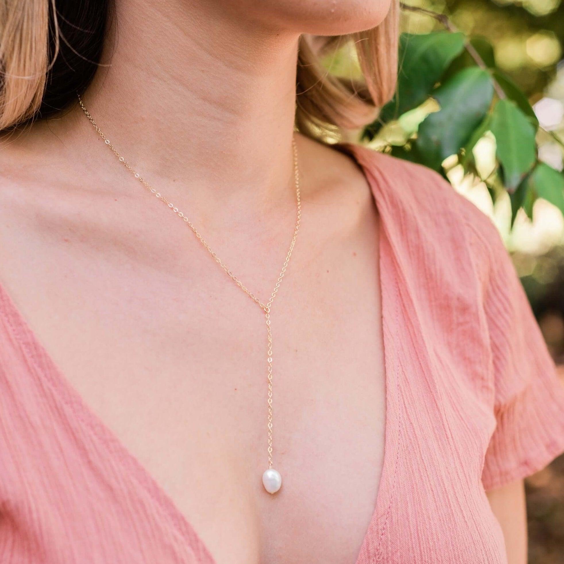 Raw White Freshwater Pearl Crystal Lariat Necklace - Raw White Freshwater Pearl Crystal Lariat Necklace - 14k Gold Fill - Luna Tide Handmade Crystal Jewellery