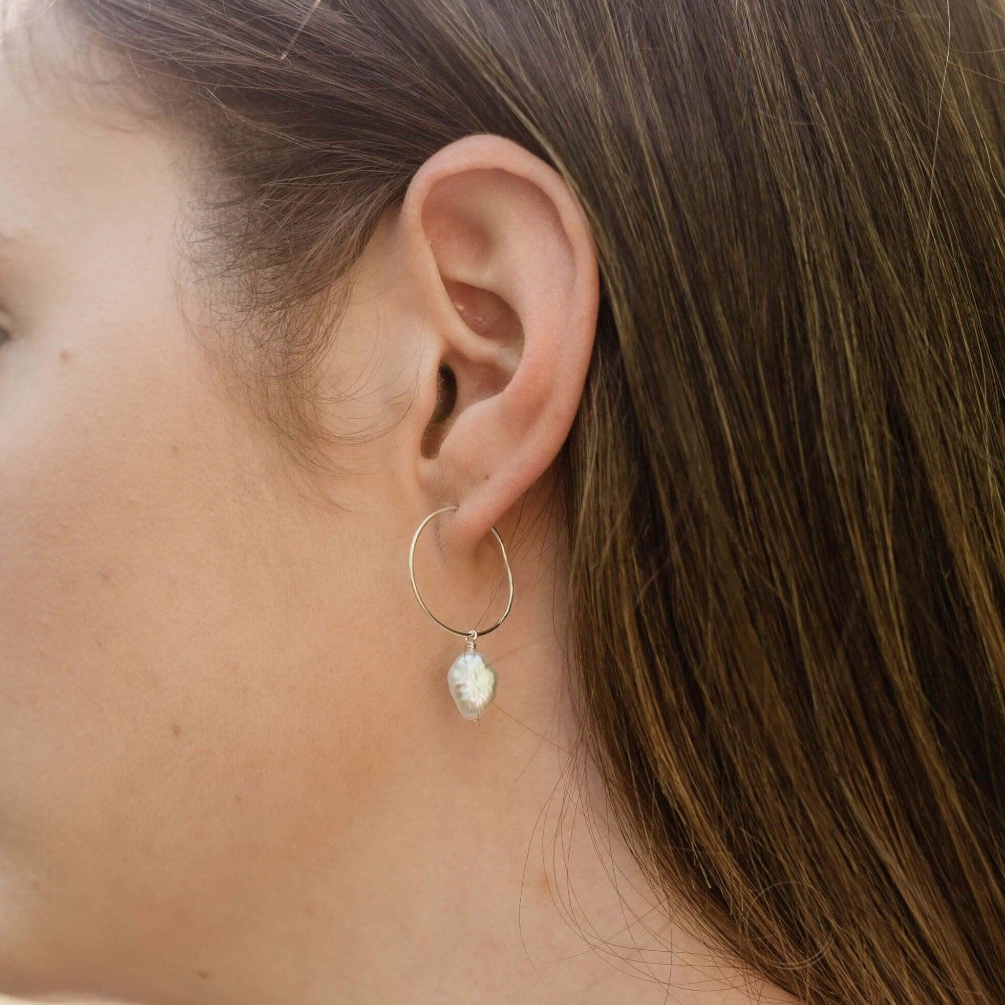 Raw White Freshwater Pearl Dangle Hoop Earrings - Raw White Freshwater Pearl Dangle Hoop Earrings - 14k Gold Fill - Luna Tide Handmade Crystal Jewellery