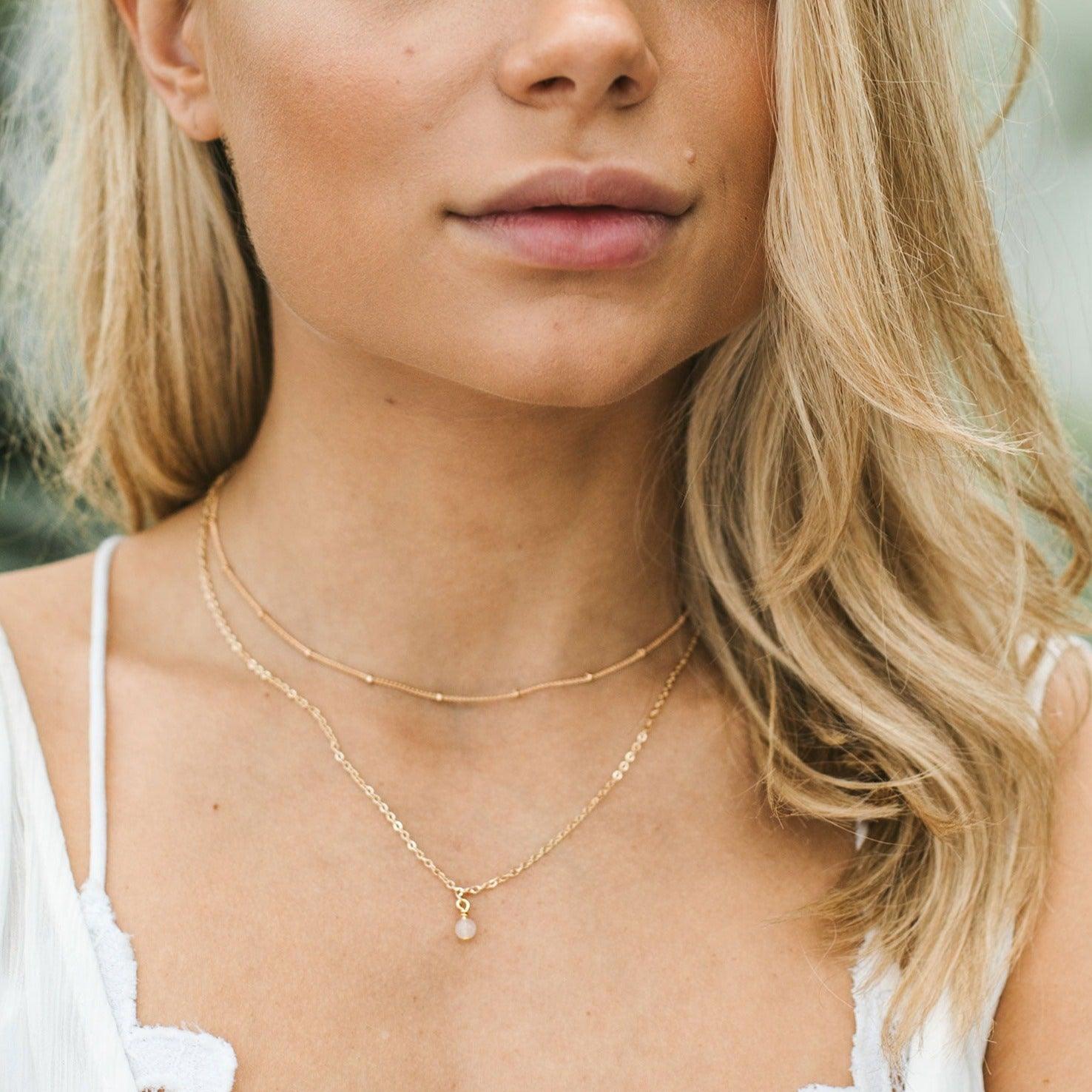 Rose Quartz Gemstone Chain Layered Choker Necklace - Rose Quartz Gemstone Chain Layered Choker Necklace - 14k Gold Fill - Luna Tide Handmade Crystal Jewellery
