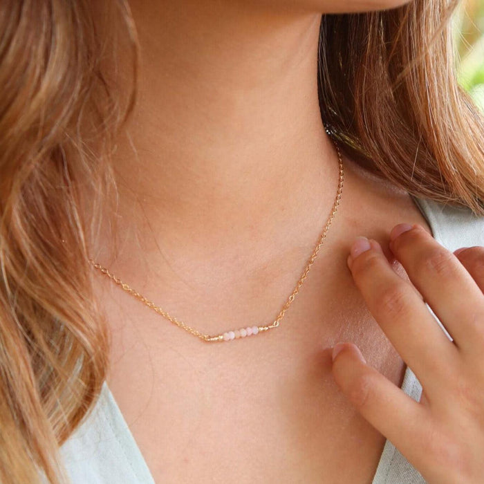 Sparkling Pink Peruvian Opal Faceted Bead Bar Necklace - Sparkling Pink Peruvian Opal Faceted Bead Bar Necklace - 14k Gold Fill - Luna Tide Handmade Crystal Jewellery