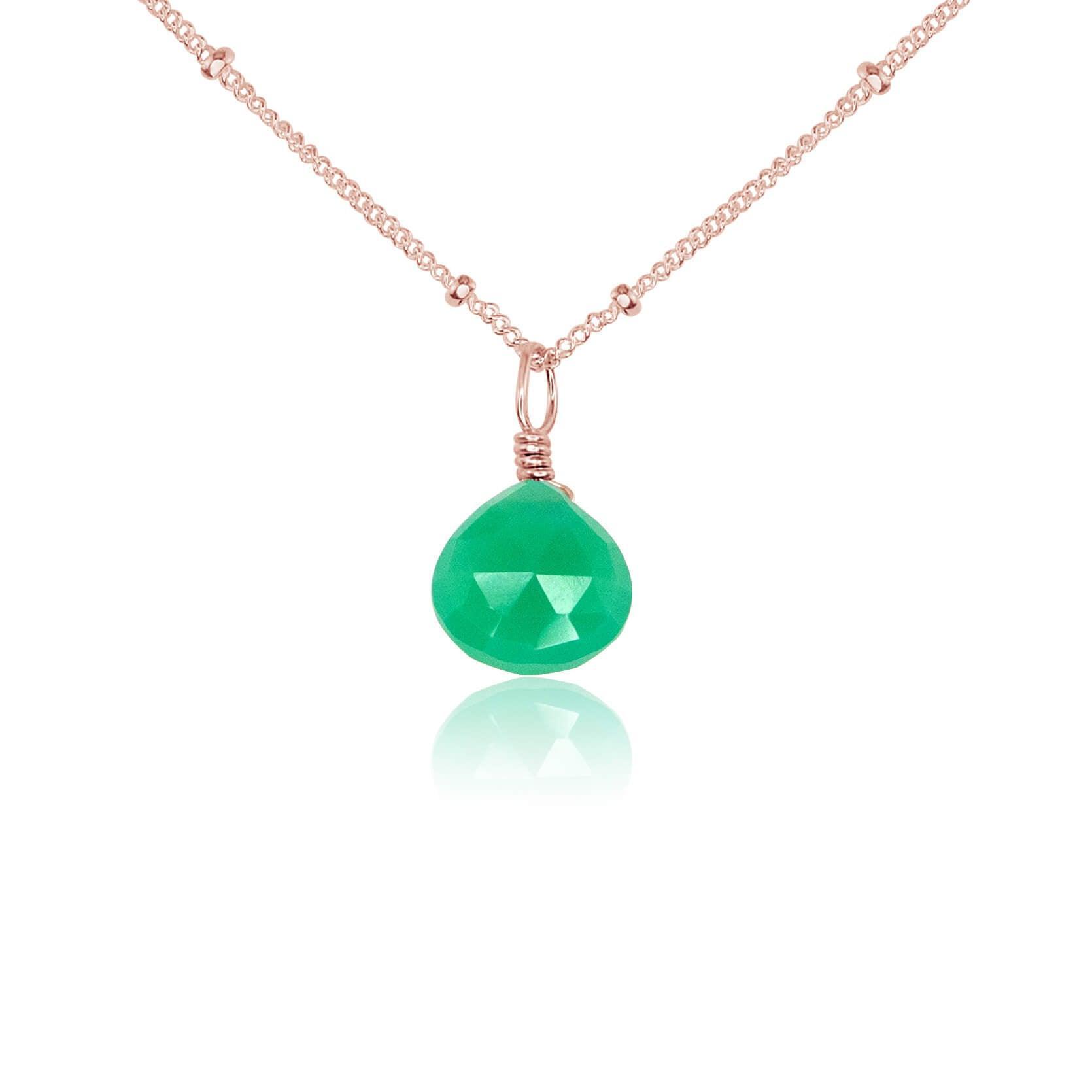 Tiny Chrysoprase Teardrop Crystal Necklace - Tiny Chrysoprase Teardrop Crystal Necklace - 14k Rose Gold Fill / Satellite - Luna Tide Handmade Crystal Jewellery