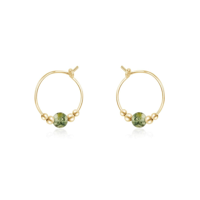 Tiny Prehnite Gemstone Bead Hoop Earrings - Tiny Prehnite Gemstone Bead Hoop Earrings - 14k Gold Fill - Luna Tide Handmade Crystal Jewellery