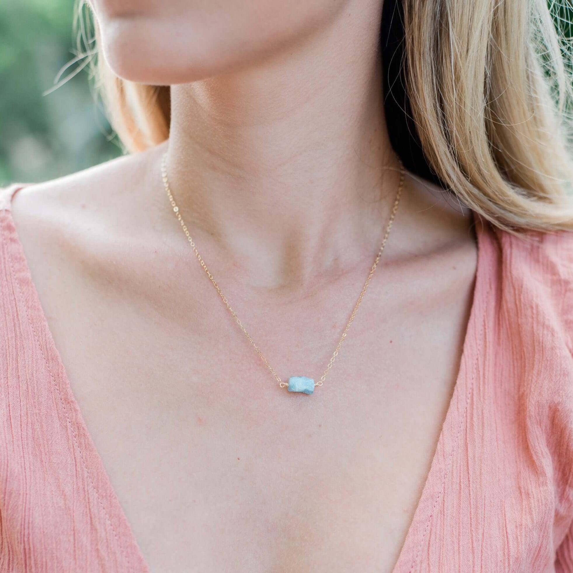 Tiny Raw Aquamarine Crystal Nugget Necklace - Tiny Raw Aquamarine Crystal Nugget Necklace - Sterling Silver - Luna Tide Handmade Crystal Jewellery