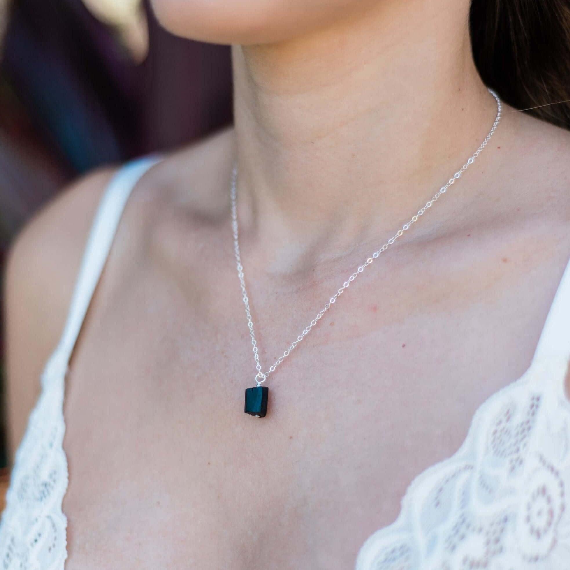 Tiny Raw Black Tourmaline Pendant Necklace - Tiny Raw Black Tourmaline Pendant Necklace - Sterling Silver / Cable - Luna Tide Handmade Crystal Jewellery