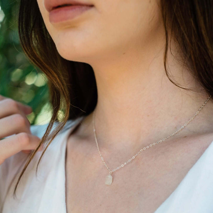 Tiny Raw Rainbow Moonstone Pendant Necklace - Tiny Raw Rainbow Moonstone Pendant Necklace - Sterling Silver / Cable - Luna Tide Handmade Crystal Jewellery