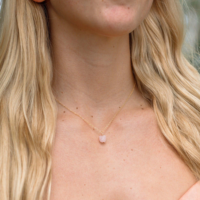 Tiny Raw Rose Quartz Pendant Necklace - Tiny Raw Rose Quartz Pendant Necklace - 14k Gold Fill / Cable - Luna Tide Handmade Crystal Jewellery