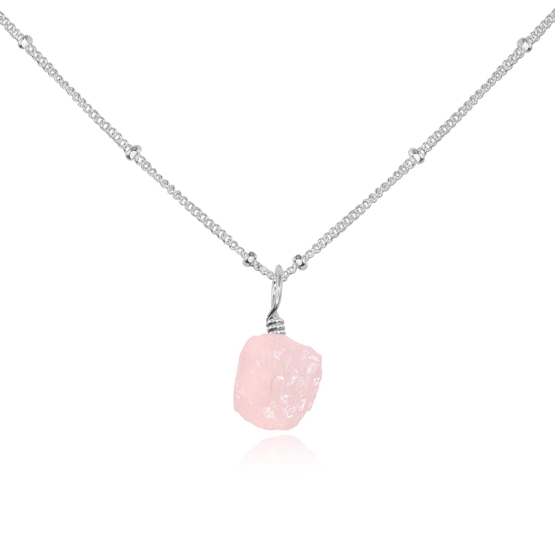 Tiny Raw Rose Quartz Pendant Necklace - Tiny Raw Rose Quartz Pendant Necklace - Sterling Silver / Satellite - Luna Tide Handmade Crystal Jewellery