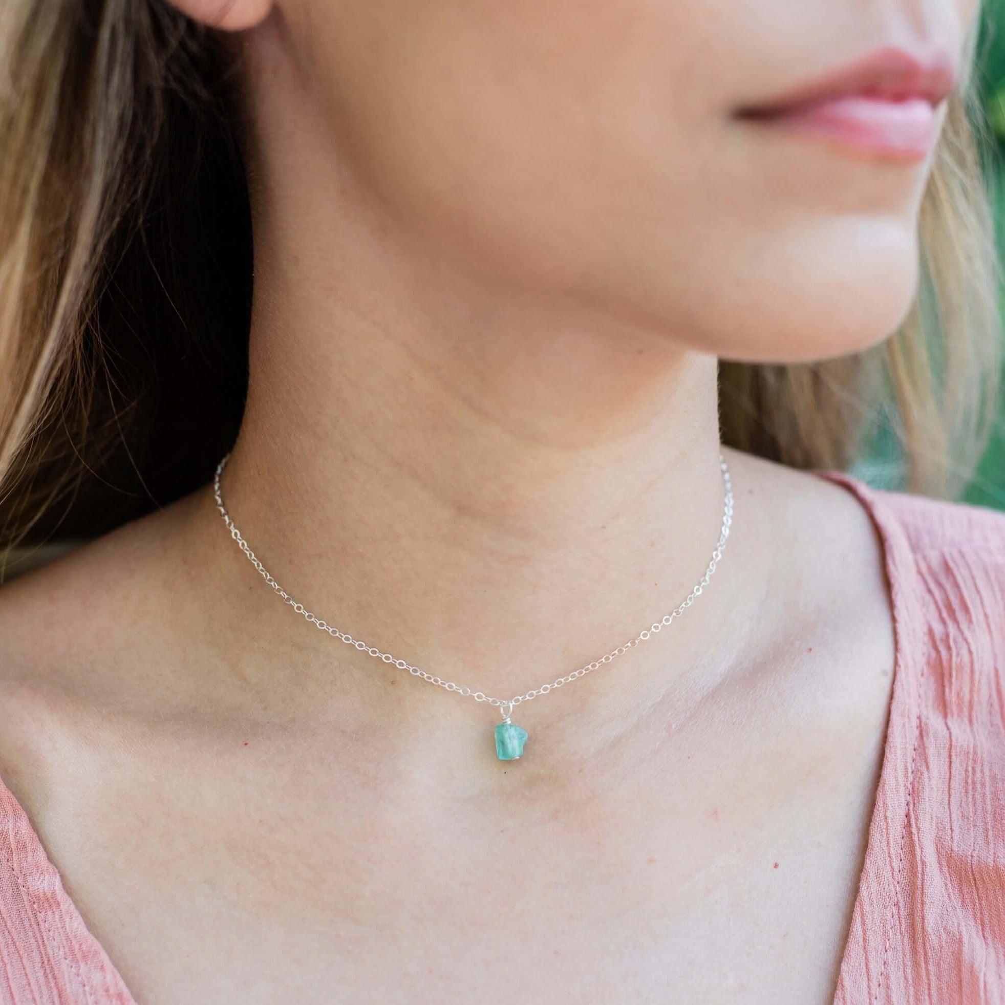 Tiny Rough Apatite Gemstone Pendant Choker - Tiny Rough Apatite Gemstone Pendant Choker - Sterling Silver / Cable - Luna Tide Handmade Crystal Jewellery