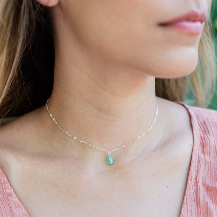 Tiny Rough Apatite Gemstone Pendant Choker - Tiny Rough Apatite Gemstone Pendant Choker - Sterling Silver / Cable - Luna Tide Handmade Crystal Jewellery