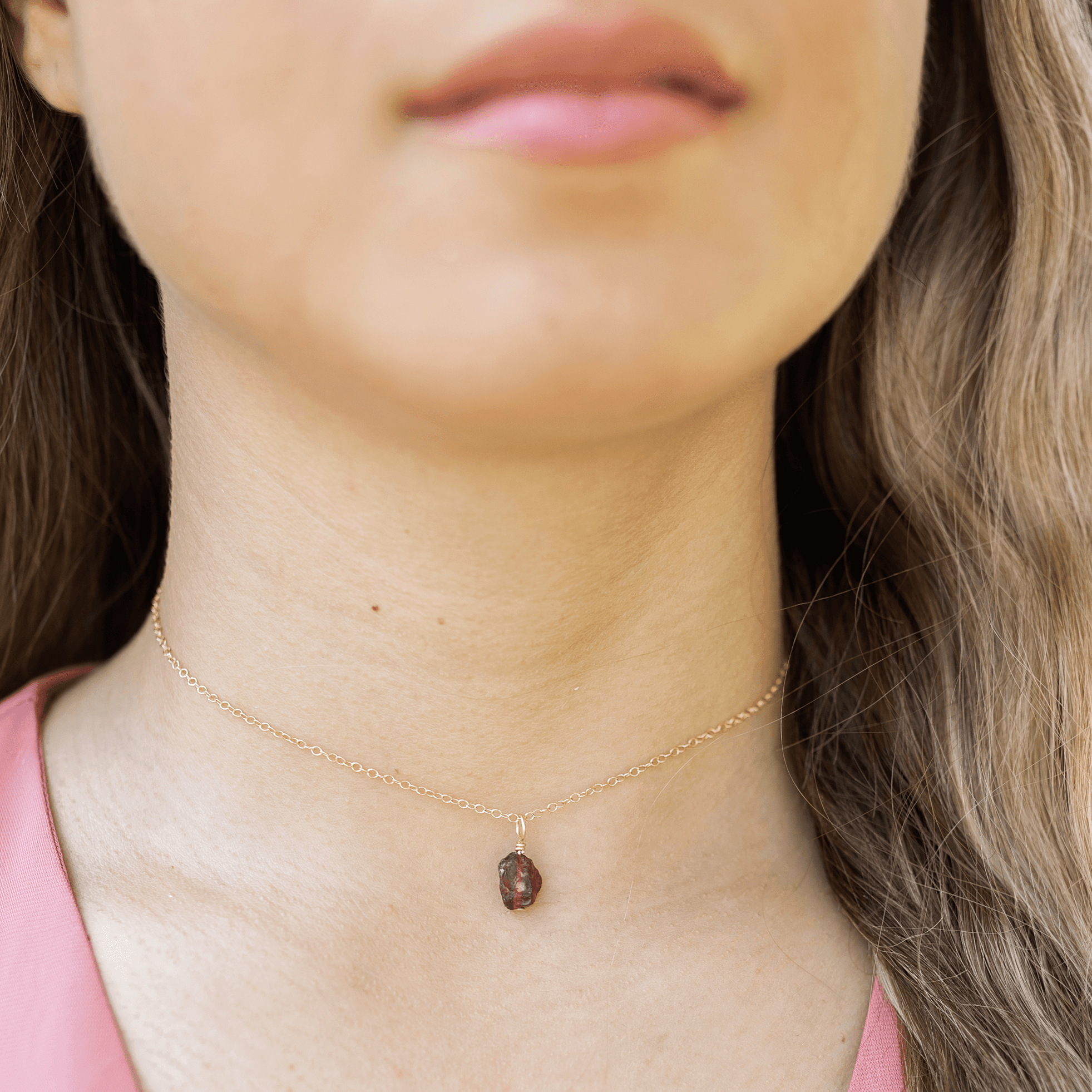 Tiny Rough Garnet Gemstone Pendant Choker - Tiny Rough Garnet Gemstone Pendant Choker - Sterling Silver / Cable - Luna Tide Handmade Crystal Jewellery