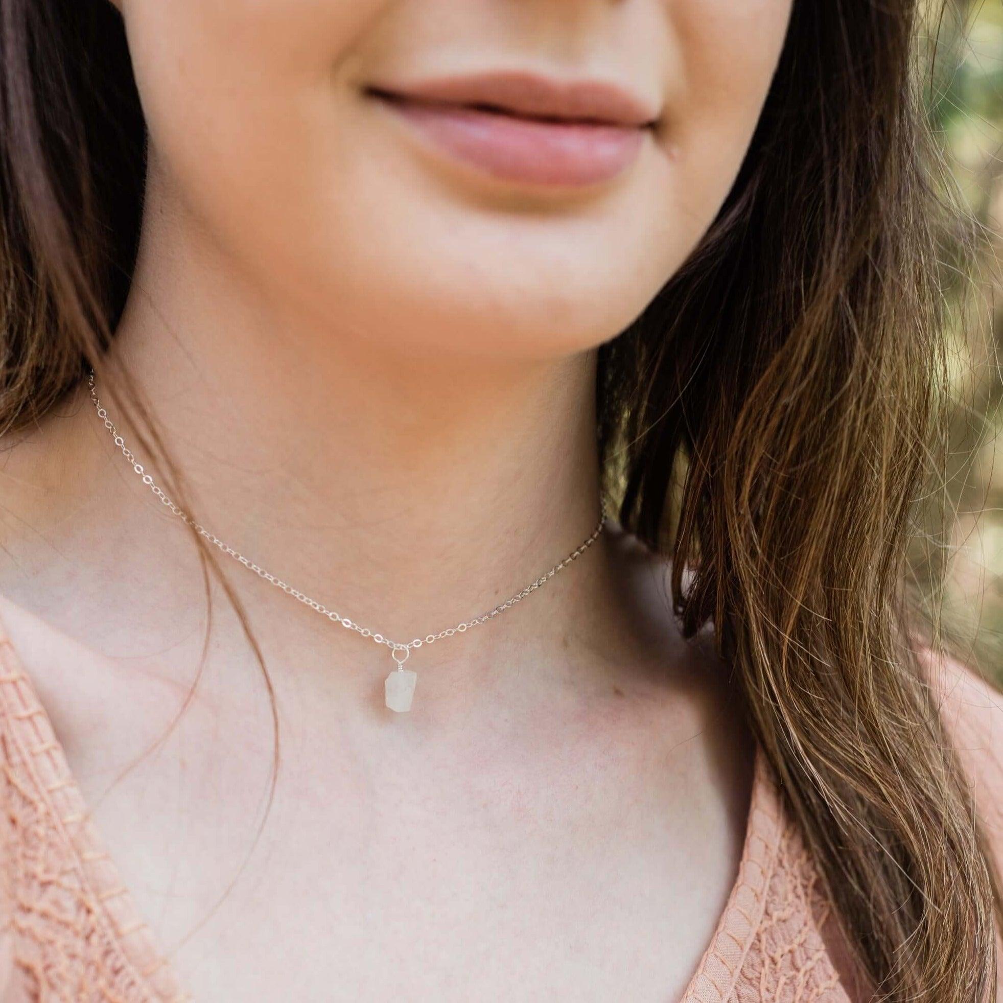 Tiny Rough Rainbow Moonstone Gemstone Pendant Choker - Tiny Rough Rainbow Moonstone Gemstone Pendant Choker - Sterling Silver / Cable - Luna Tide Handmade Crystal Jewellery
