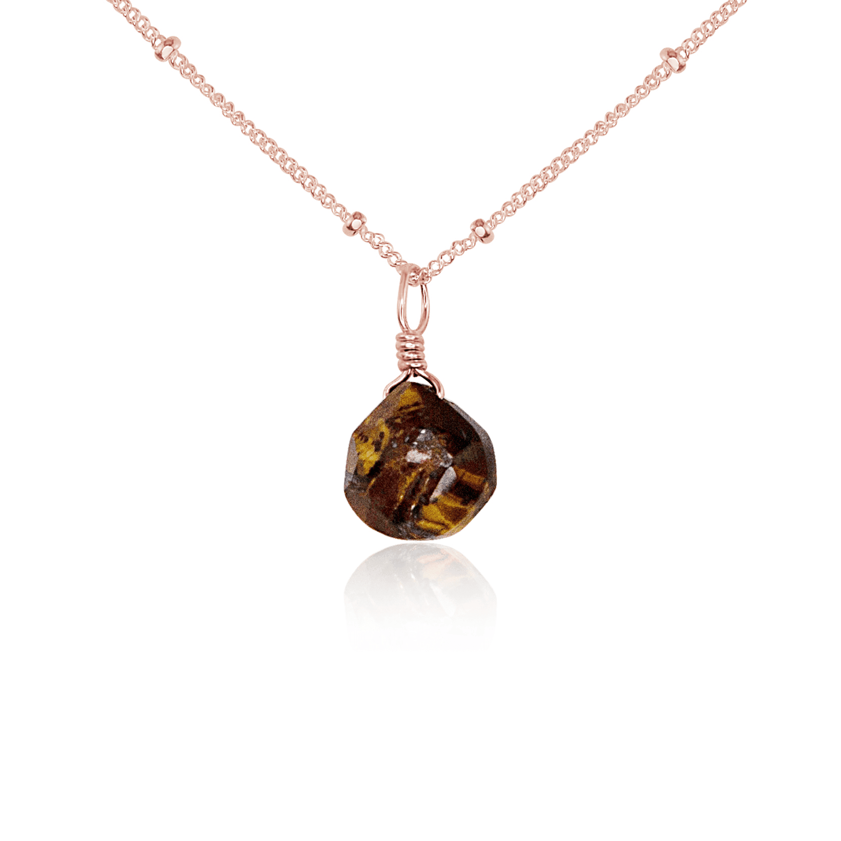 Tiny Tiger's Eye Teardrop Necklace - Tiny Tiger's Eye Teardrop Necklace - 14k Rose Gold Fill / Satellite - Luna Tide Handmade Crystal Jewellery