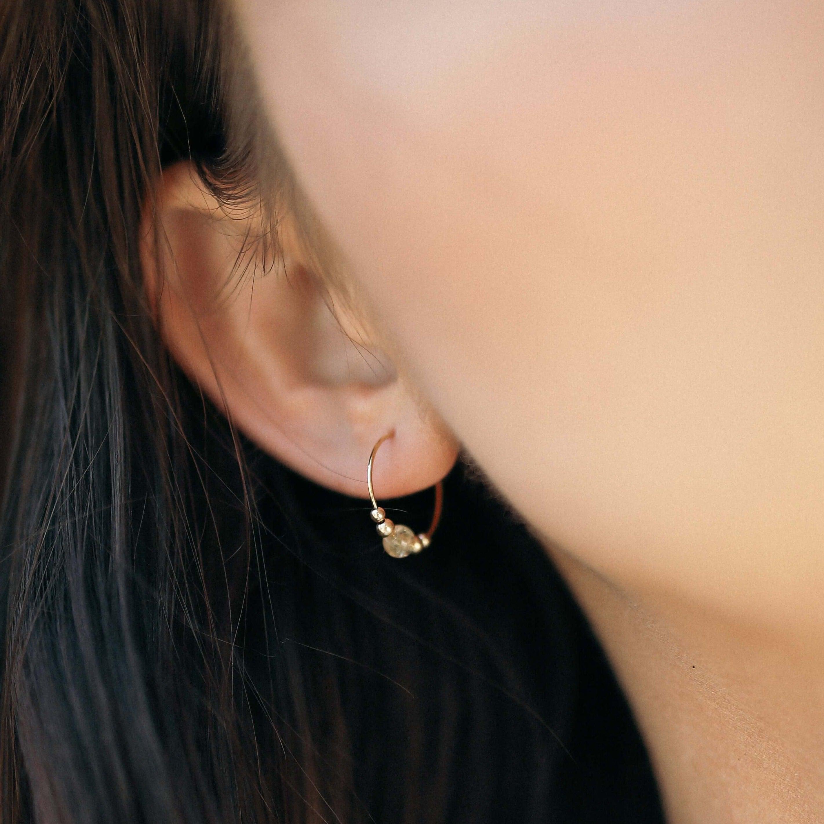 Tiny Yellow Citrine Bead Hoop Earrings - Tiny Yellow Citrine Bead Hoop Earrings - 14k Gold Fill - Luna Tide Handmade Crystal Jewellery