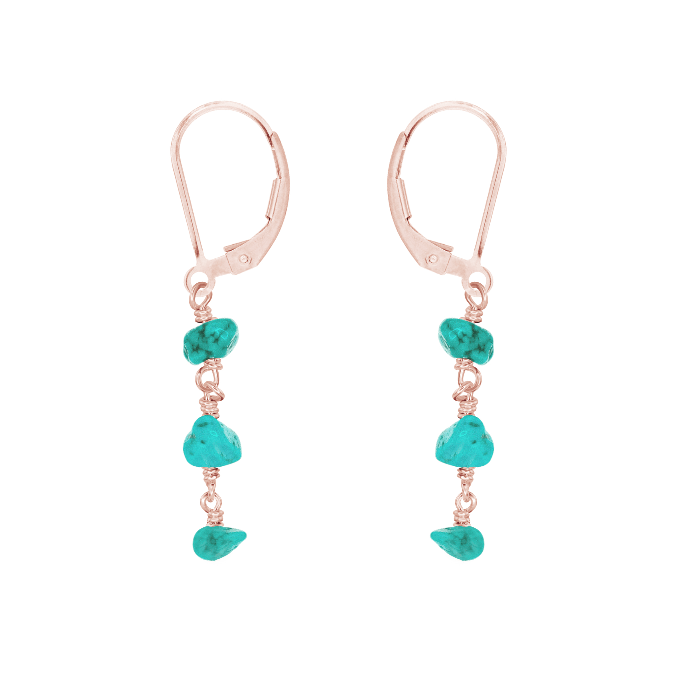 Turquoise Crystal Beaded Chain Dangle Leverback Earrings - Turquoise Crystal Beaded Chain Dangle Leverback Earrings - 14k Rose Gold Fill - Luna Tide Handmade Crystal Jewellery
