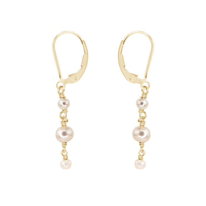 White Freshwater Pearl Crystal Beaded Chain Dangle Leverback Earrings - White Freshwater Pearl Crystal Beaded Chain Dangle Leverback Earrings - 14k Gold Fill - Luna Tide Handmade Crystal Jewellery