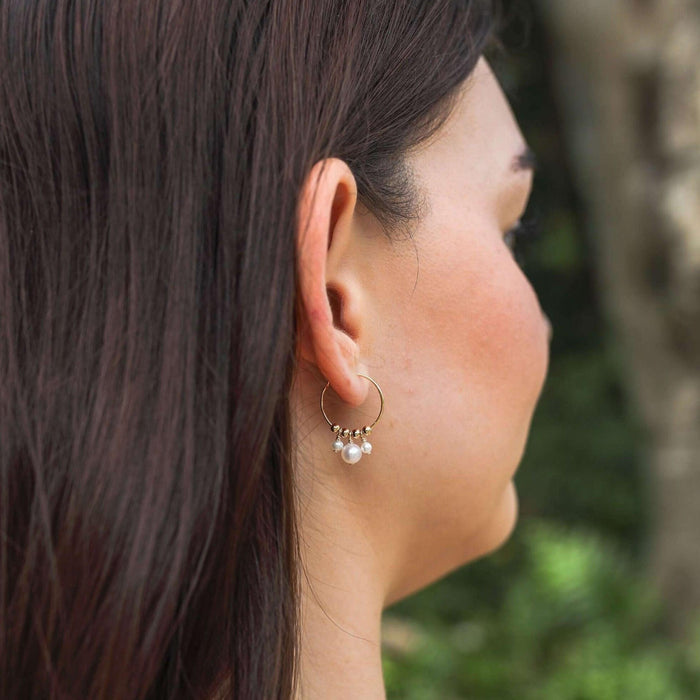 White Freshwater Pearl Gemstone Bead Drop Hoop Earrings - White Freshwater Pearl Gemstone Bead Drop Hoop Earrings - 14k Gold Fill - Luna Tide Handmade Crystal Jewellery