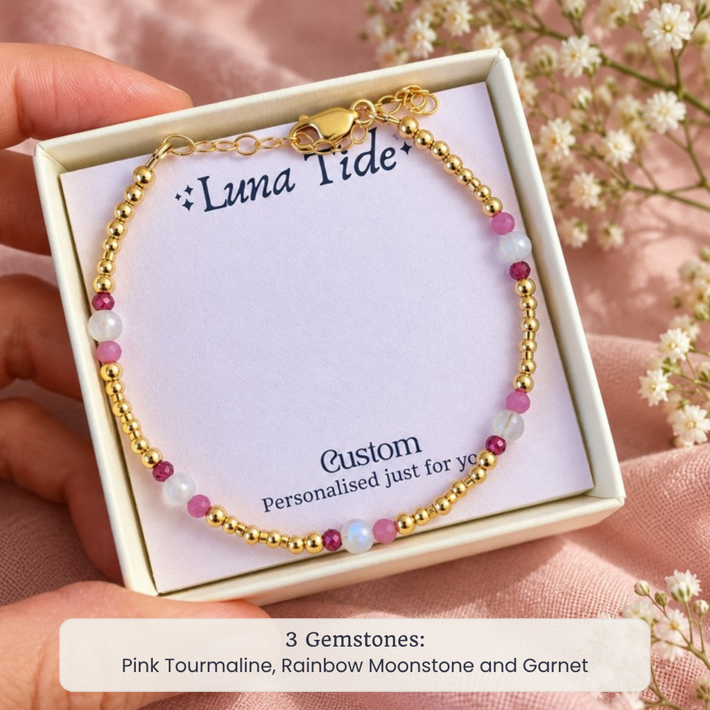 Custom bohemian beaded bracelet with Pink Tourmaline, Rainbow Moonstone and Garnet in a Luna Tide gift box