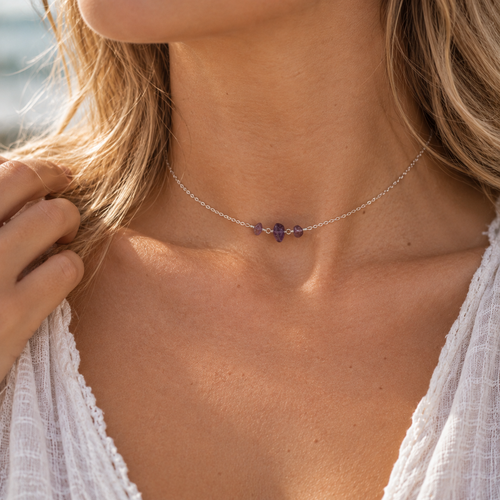 Amethyst Crystal Beaded Chain Choker Necklace