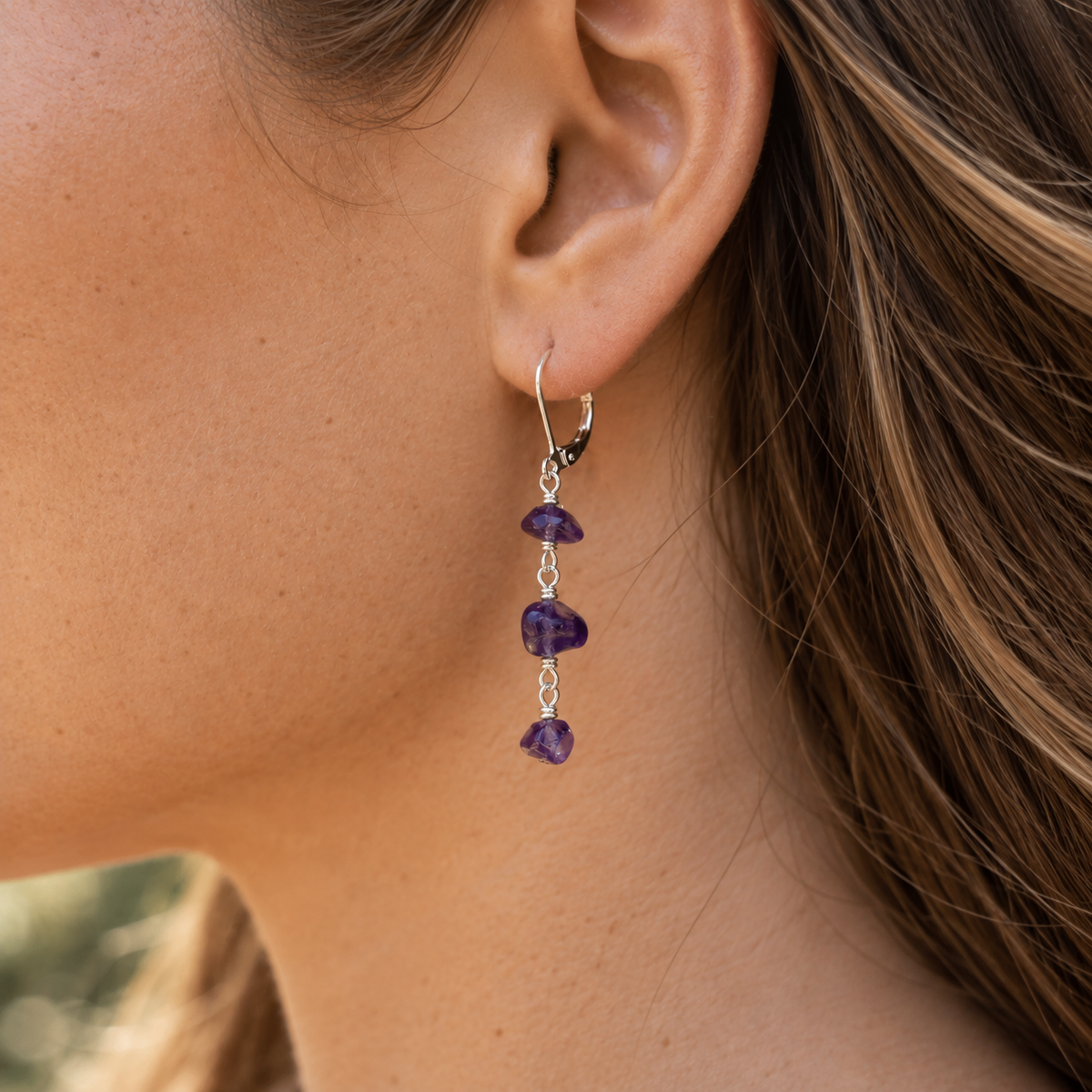 Amethyst Crystal Beaded Chain Dangle Leverback Earrings