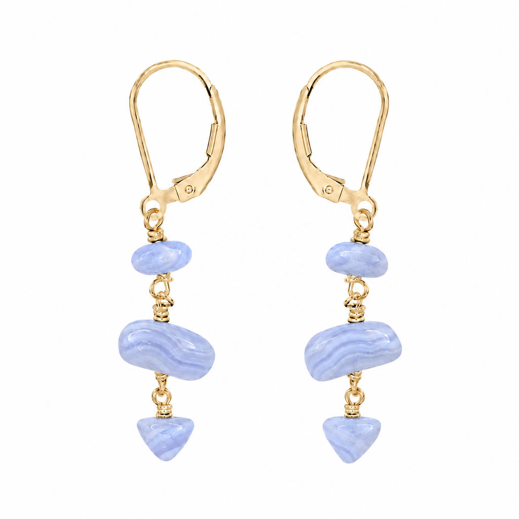 Blue Lace Agate Crystal Beaded Chain Dangle Leverback Earrings