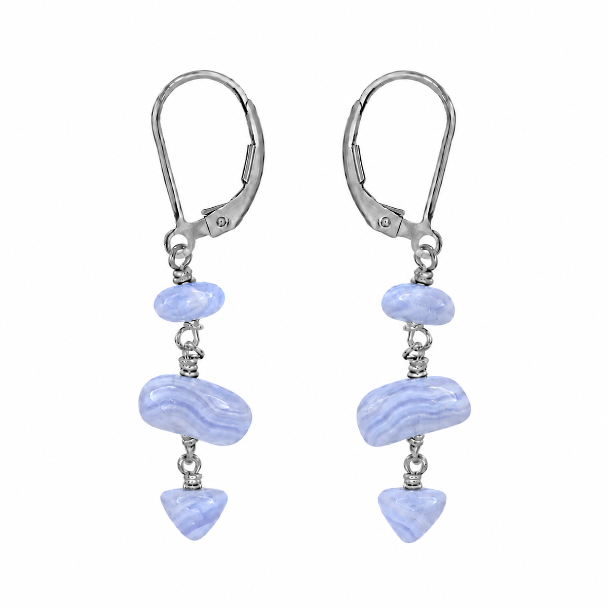 Blue Lace Agate Crystal Beaded Chain Dangle Leverback Earrings