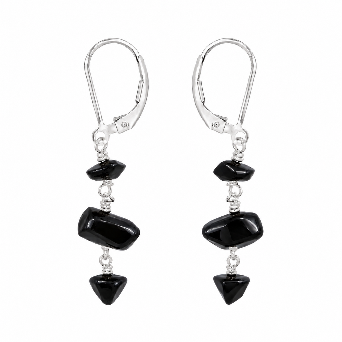 Black Onyx Crystal Beaded Chain Dangle Leverback Earrings
