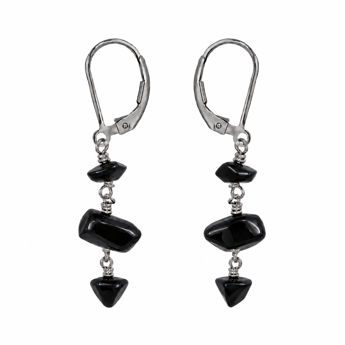 Black Onyx Crystal Beaded Chain Dangle Leverback Earrings