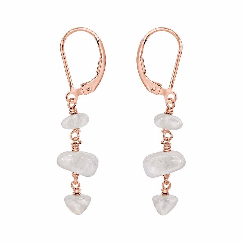 White Moonstone Crystal Beaded Chain Dangle Leverback Earrings