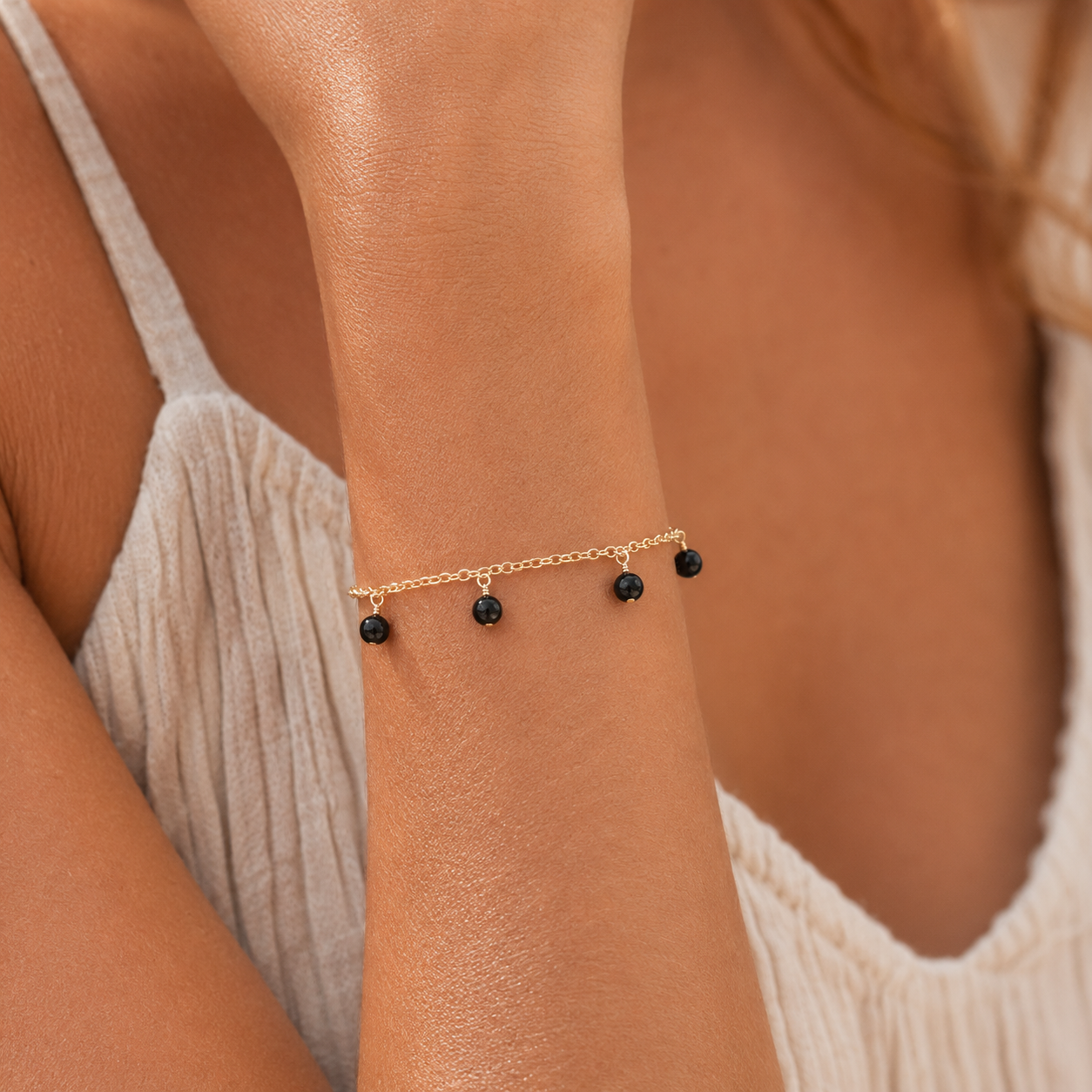 Black Tourmaline Boho Gemstone Bead Drop Charm Bracelet