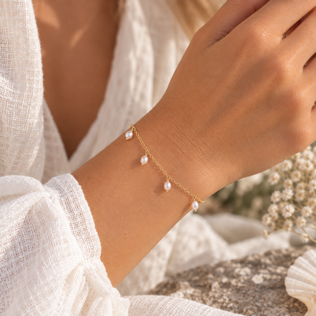 White Freshwater Pearl Boho Gemstone Bead Drop Charm Bracelet