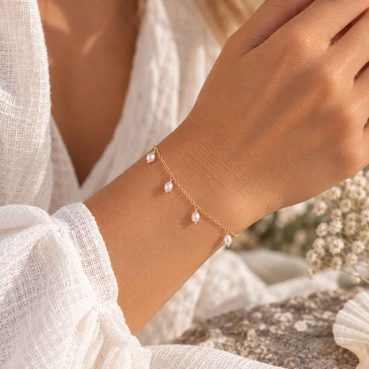 White Freshwater Pearl Boho Gemstone Bead Drop Charm Bracelet