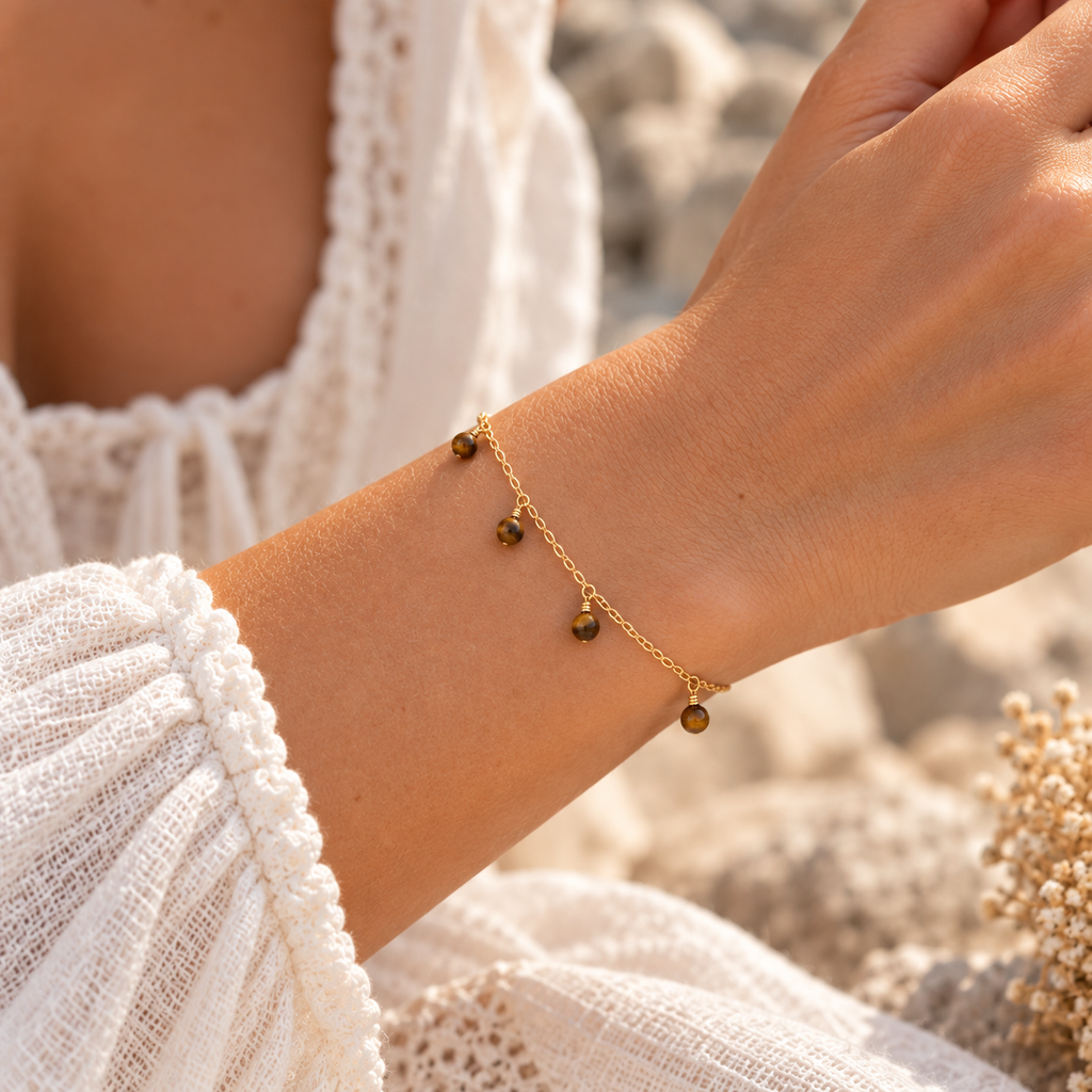 Tiger's Eye Boho Gemstone Bead Drop Charm Bracelet