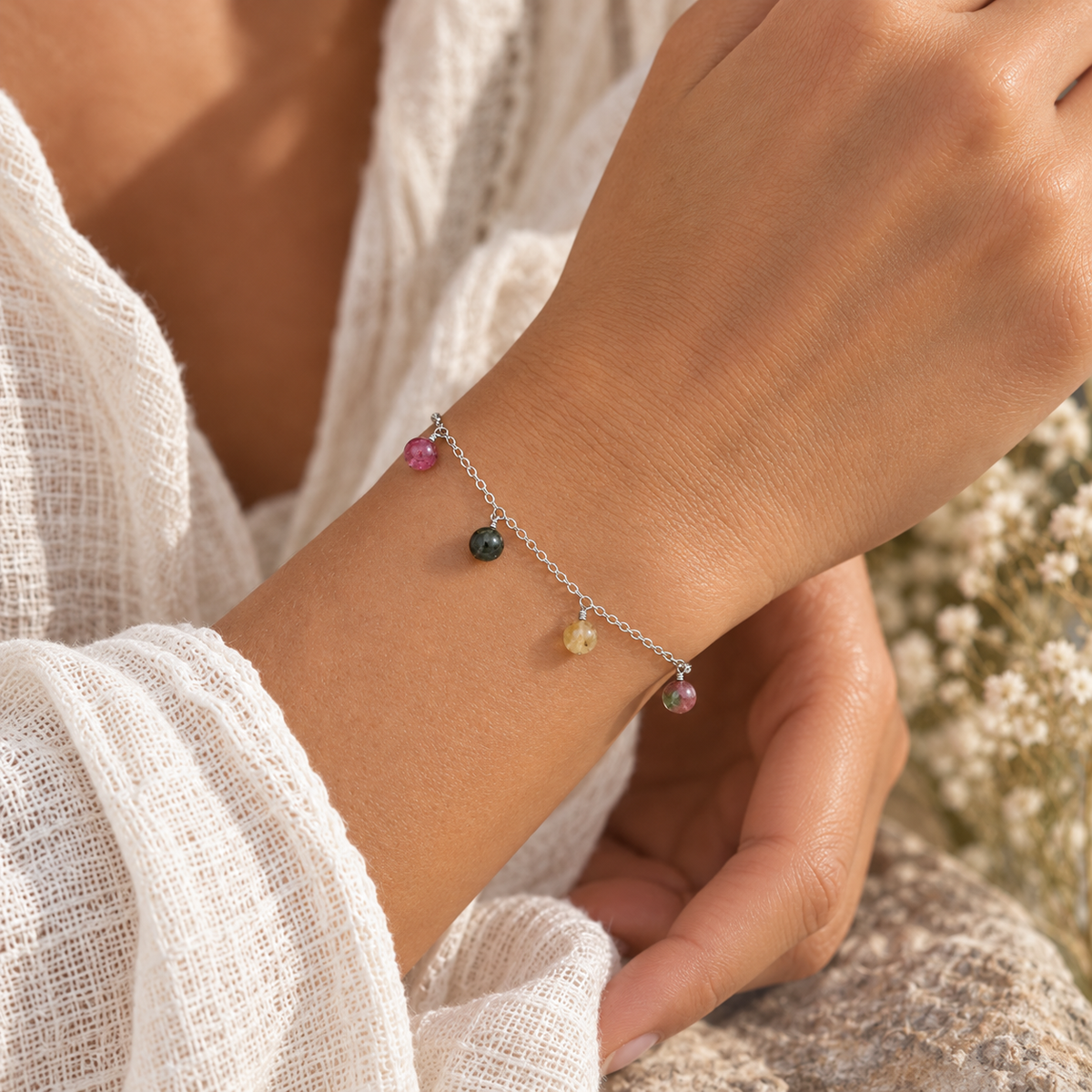 Rainbow Tourmaline Boho Gemstone Bead Drop Charm Bracelet