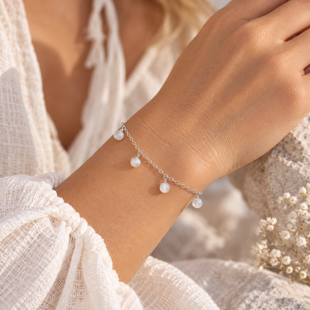 White Moonstone Boho Gemstone Bead Drop Charm Bracelet
